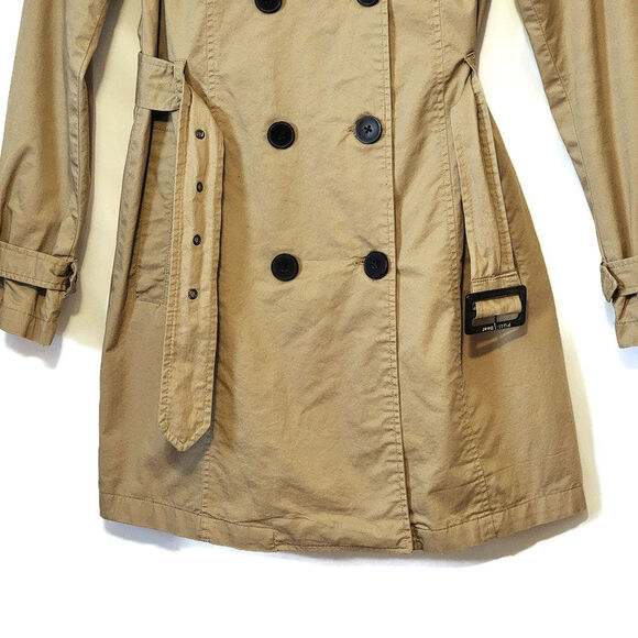 Pull & Bear Double Breasted Belt Tie Waist Mid Length Tan Trench Coat Size S - Picture 6 of 16